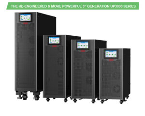 Row of black UPS towers with front perforated panels and small LCD screens, part of the UP3000 series lineup on wheels.